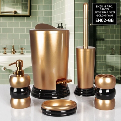 Vippi 5 Parça Polyester Banyo Aksesuar Seti Gold Siyah EN02-GB