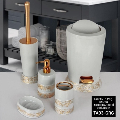 Vippi 5 Parça Polyester Banyo Aksesuar Seti Gri Gold TA03-GRG