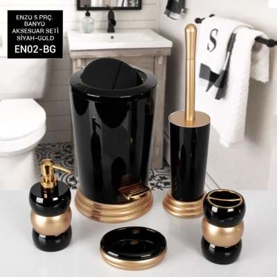 Vippi 5 Parça Polyester Banyo Aksesuar Seti Siyah Gold EN02-BG