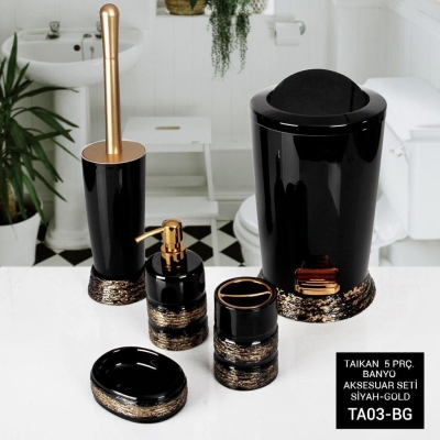 Vippi 5 Parça Polyester Banyo Aksesuar Seti Siyah Gold TA03-BG