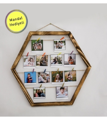 Kişiye Özel 12 Fotoğraflı Altıgen İpli Mandallı Ahşap Fotoğraf Albümü Panosu