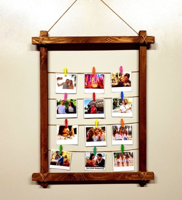 Kişiye Özel 12 Fotoğraflı İpli Mandallı Ahşap Fotoğraf Çerçevesi Askısı Pano