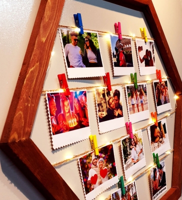 Kişiye Özel 12 Fotoğraflı Işıklı İpli Ahşap Altıgen Fotoğraf Panosu
