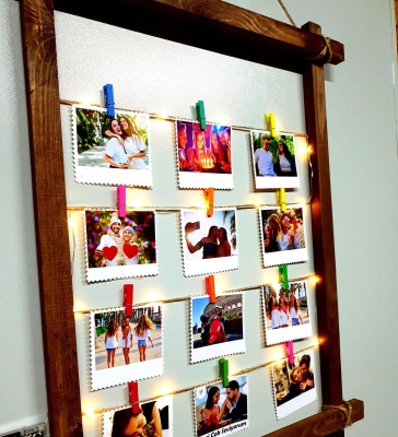 Kişiye Özel 12 Fotoğraflı Işıklı İpli Ahşap Fotoğraf Panosu