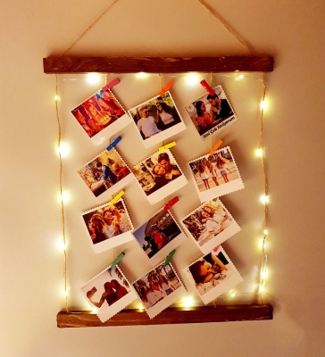 Kişiye Özel 12 Fotoğraflı Işıklı İpli Dekoratif Ahşap Fotoğraf Panosu