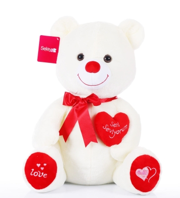 Romantik Kalpli Oturan Romantik Peluş Ayıcık 50 cm Beyaz