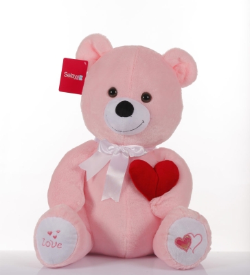 Romantik Kalpli Oturan Romantik Peluş Ayıcık 50 cm Pembe