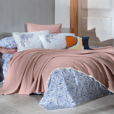 Sarev Adrian Bej Mavi Çift Kişilik %100 Pamuk Pike Takımı