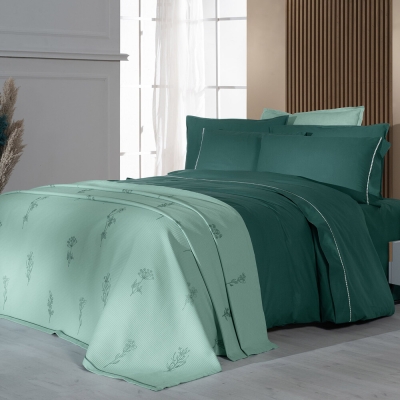 Sarev Eva Eldon Yeşil Çift Kişilik %100 Pamuk Nevresim Takımı ve Pike Seti