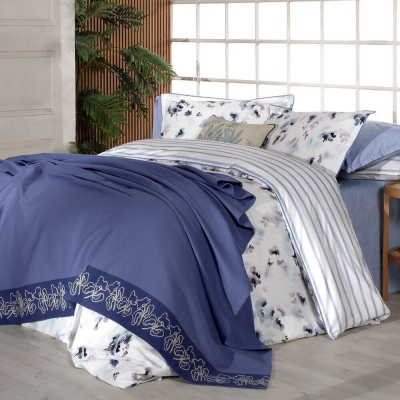 Sarev Eva Jadon Mavi Tek Kişilik %100 Pamuk Nevresim Takımı ve Pike Seti